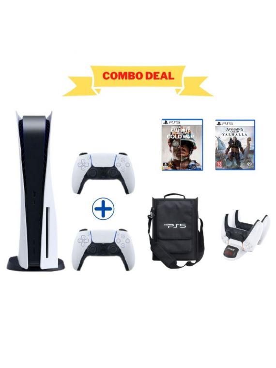 Sony PlayStation 5 Console (PS5) - Disk Version with Extra Controller (International Edition) with Bag, Charger Dock Station and & 2 Games