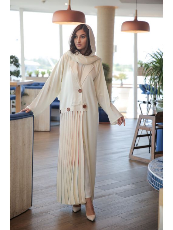 Beige Abaya with Pleated Panel