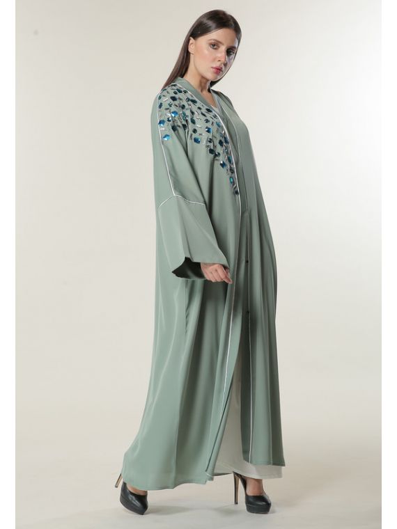 Pastel Green Abaya with Crystals Embellishment
